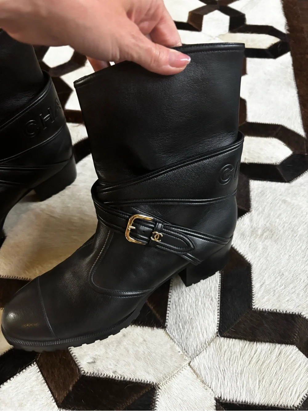 CHANEL Black Leather Low-Calf Buckle Heeled Boots